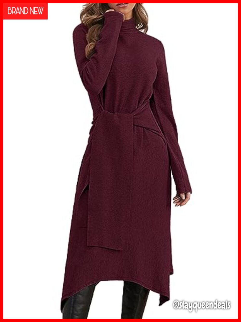 A-Line Turtleneck Long Sleeve Midi Sweater Dress Tie Waist Winter